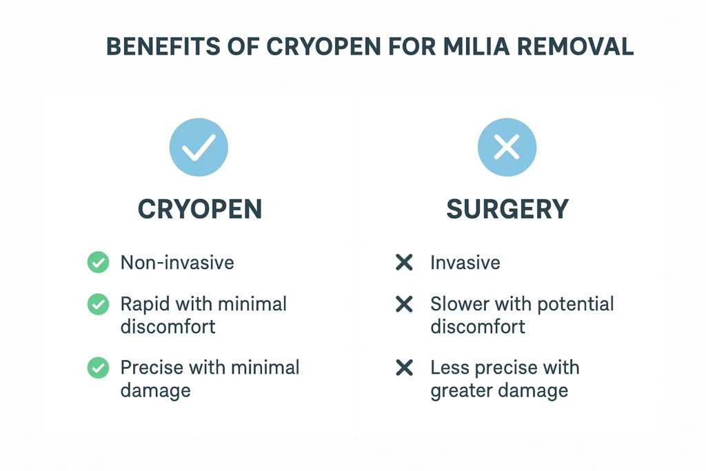 Benefits of cryopen for milia removal Vauxhall compared to surgical treatments.