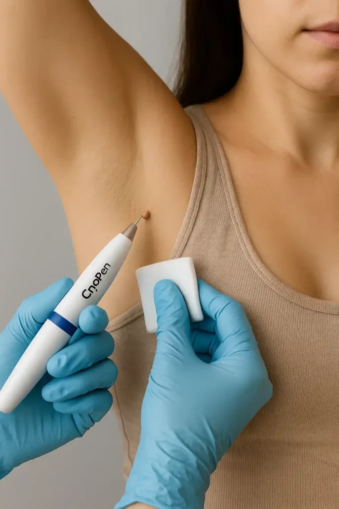 woman having cryopen to remove underarm skin tags Vauxhall