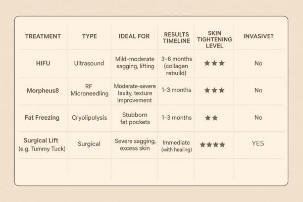 Table showing the comparisons of Skin tightening Vauxhall treatment options.